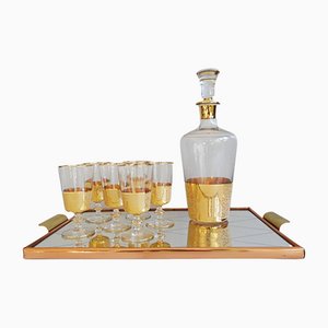 Glass Carafe with Liqueur Glasses and Reflection Tray, 1950s, Set of 8-POM-1105414