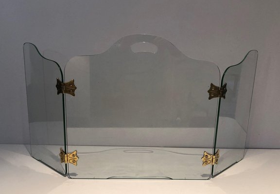 Glass Fire Screen with Bronze Hinges, 1970s-BA-1472087