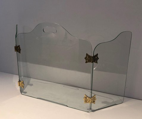 Glass Fire Screen with Bronze Hinges, 1970s-BA-1472087