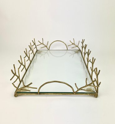 Glass & Golden Metal Serving Tray, France, 1970s-LYQ-1171502