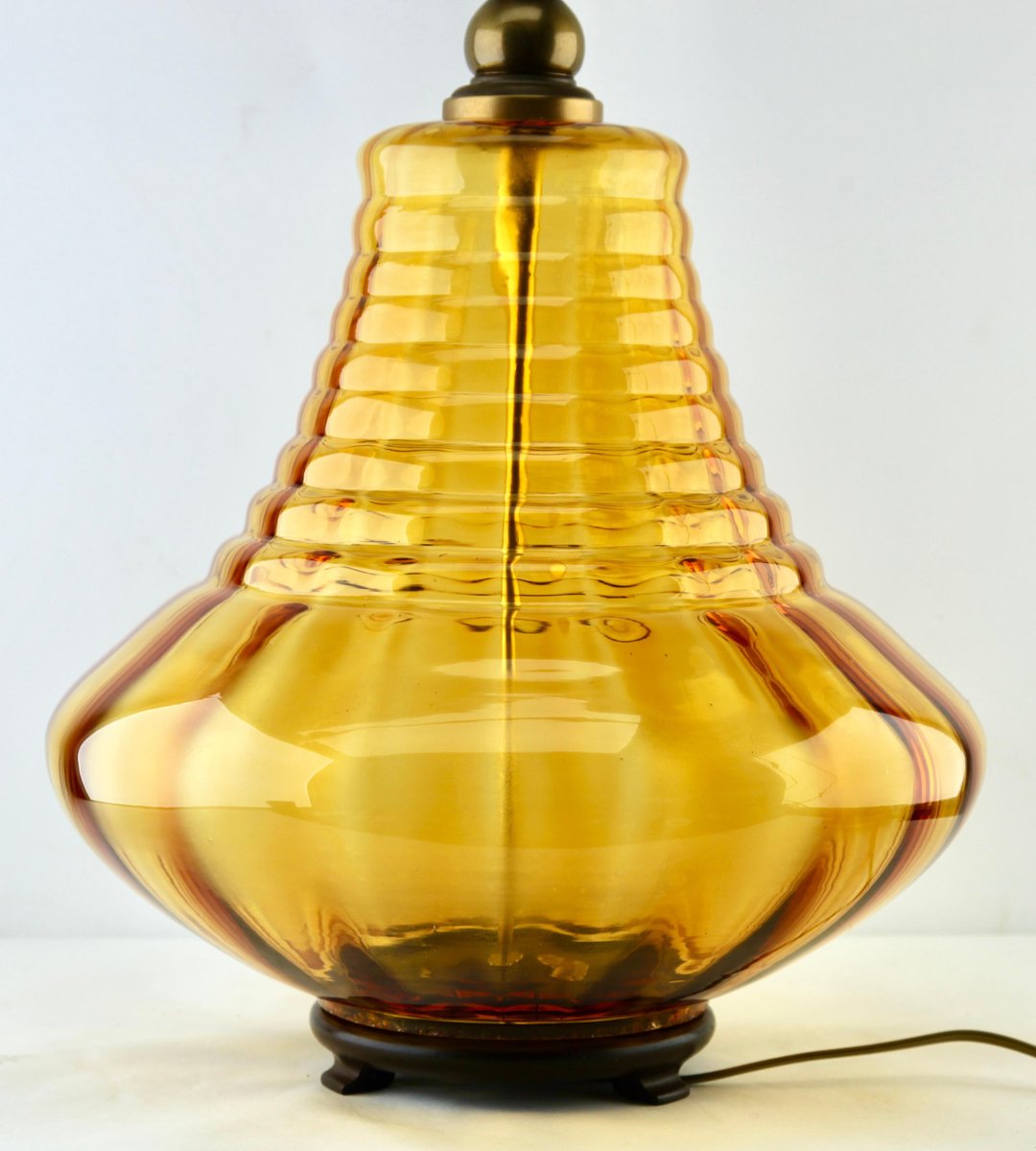 Glass Table Lamp with Optical Vertical-Horizontal Ribs in Light Amber Tint from Empoli