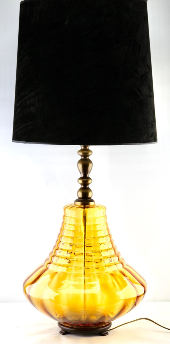 Glass Table Lamp with Optical Vertical-Horizontal Ribs in Light Amber Tint from Empoli