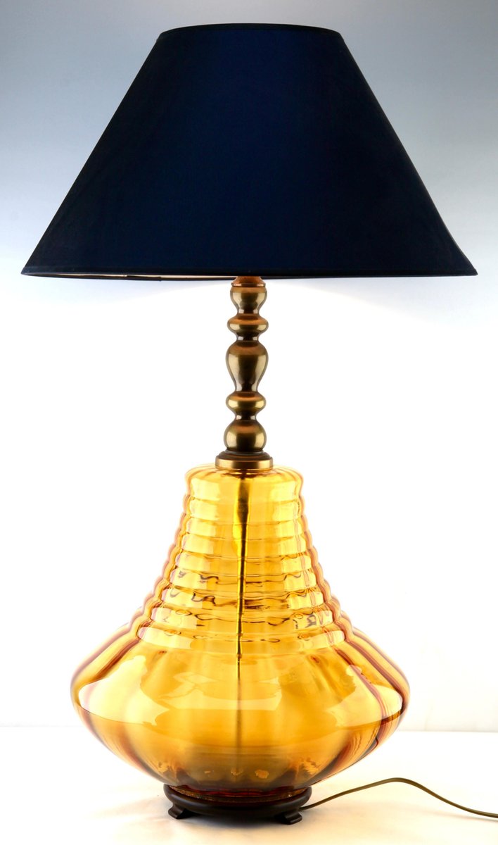 Glass Table Lamp with Optical Vertical-Horizontal Ribs in Light Amber Tint from Empoli