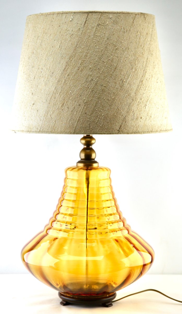 Glass Table Lamp with Optical Vertical-Horizontal Ribs in Light Amber Tint from Empoli