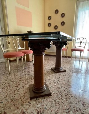 Glass Table with Antique Wooden Columns-EBQ-1786291