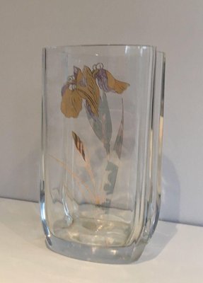 Glass Vase with Golden Flowers, 1970s-BA-1365841