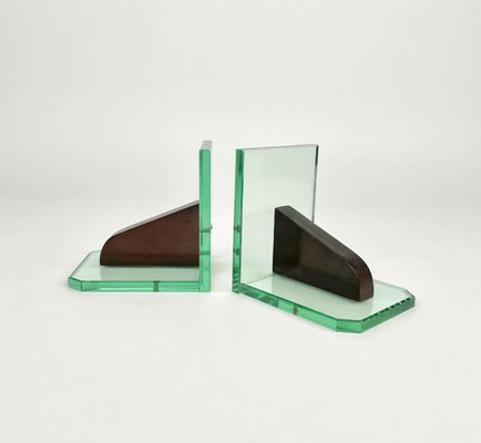 Glass & Wood Bookends, Italy, 1950s, Set of 2-LYQ-1171330