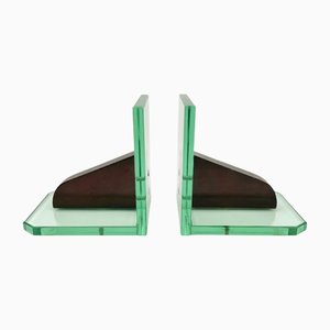 Glass & Wood Bookends, Italy, 1950s, Set of 2-LYQ-1171330