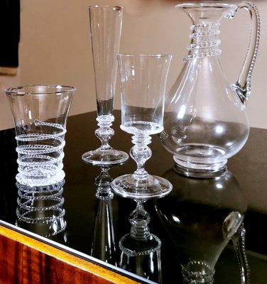 Glasses and Pitcher in Blown Murano Glass with Applied Decorations, Set of 37-QRS-960887