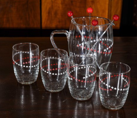 Glasses, Pitcher & Ladles Decorated with Red and White Stars, Italy, 1950s, Set of 9-RAQ-979701