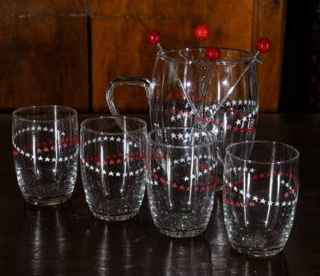 Glasses, Pitcher & Ladles Decorated with Red and White Stars, Italy, 1950s, Set of 9-RAQ-979701