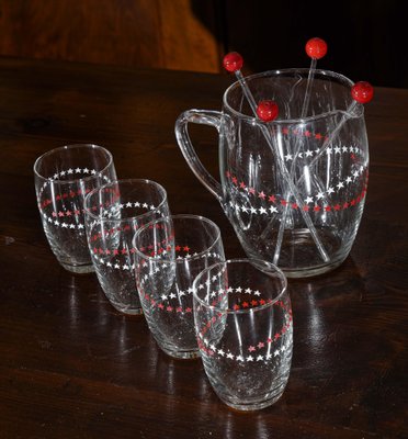 Glasses, Pitcher & Ladles Decorated with Red and White Stars, Italy, 1950s, Set of 9-RAQ-979701