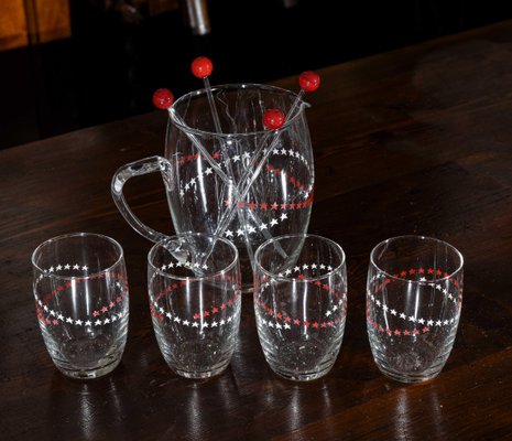 Glasses, Pitcher & Ladles Decorated with Red and White Stars, Italy, 1950s, Set of 9-RAQ-979701