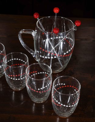 Glasses, Pitcher & Ladles Decorated with Red and White Stars, Italy, 1950s, Set of 9-RAQ-979701