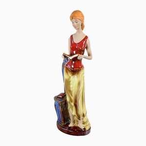 Glazed Ceramic Sculpture of a Woman with Books-OJE-2024310