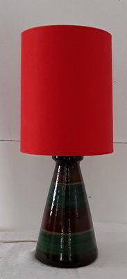 Glazed Ceramic Table Lamp with Red Fabric Shade, 1970s-HOI-845265