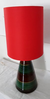 Glazed Ceramic Table Lamp with Red Fabric Shade, 1970s-HOI-845265