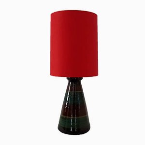 Glazed Ceramic Table Lamp with Red Fabric Shade, 1970s-HOI-845265