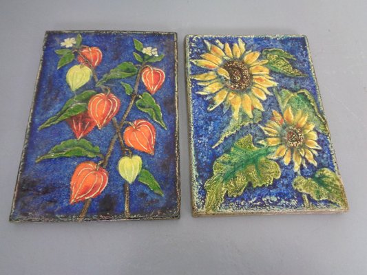 Glazed Ceramic Wall Panels with Flowers by Werner Meschede for Karlsruher Majolika, 1960s, Set of 2-RDW-1394679