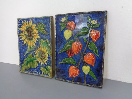 Glazed Ceramic Wall Panels with Flowers by Werner Meschede for Karlsruher Majolika, 1960s, Set of 2-RDW-1394679