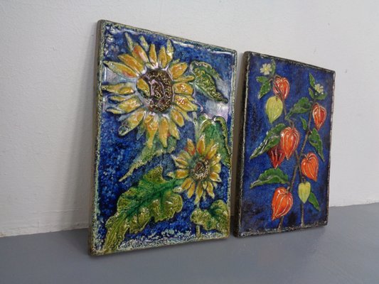 Glazed Ceramic Wall Panels with Flowers by Werner Meschede for Karlsruher Majolika, 1960s, Set of 2-RDW-1394679