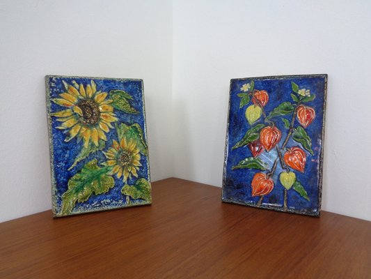 Glazed Ceramic Wall Panels with Flowers by Werner Meschede for Karlsruher Majolika, 1960s, Set of 2-RDW-1394679