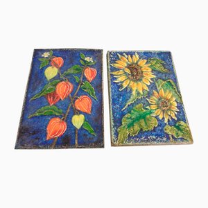 Glazed Ceramic Wall Panels with Flowers by Werner Meschede for Karlsruher Majolika, 1960s, Set of 2-RDW-1394679