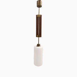 Glazed Opaline Glass, Teak and Brass Pendant, Italy, 1960s-JPQ-1822139