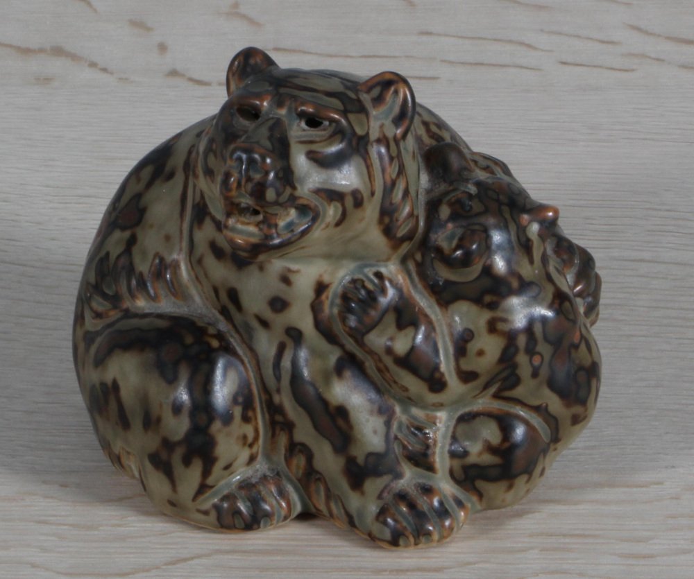 Glazed Stoneware Bear with Baby Figurine by Knud Kyhn for Royal Copenhagen, 1950s