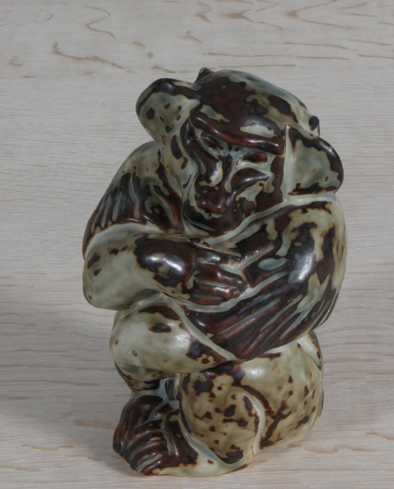 Glazed Stoneware Sitting Ape Figurine by Knud Kyhn for Royal Copenhagen, 1950s