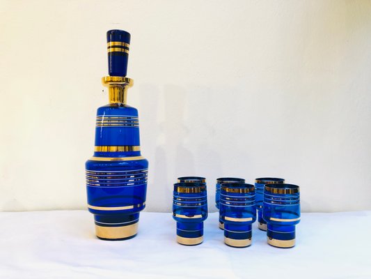 Gold and Blue Glassware, Czech Republic, Set of 7-RZY-1431782