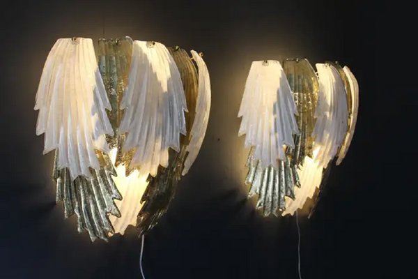 Gold and White Murano Glass Sconces in Leaf Shape, 2000s, Set of 2-YF-1713148