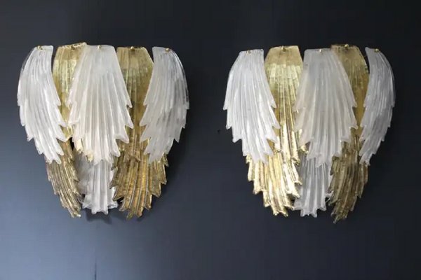 Gold and White Murano Glass Sconces in Leaf Shape, 2000s, Set of 2-YF-1713148