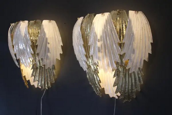 Gold and White Murano Glass Sconces in Leaf Shape, 2000s, Set of 2-YF-1713148