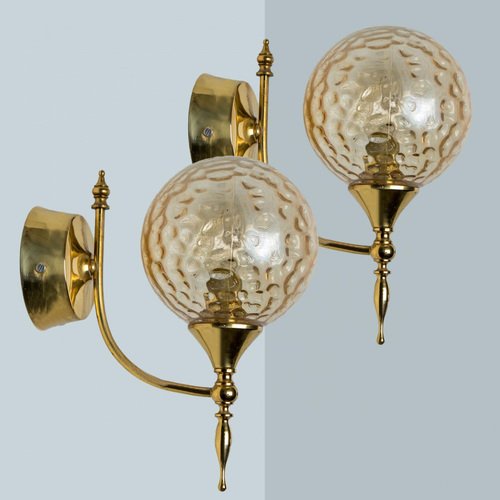 Gold Brass Sphere Blown Glass Wall Light in style of Angelo Brotto, Italy, 1960s