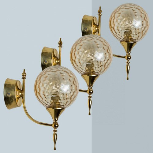 Gold Brass Sphere Blown Glass Wall Light in style of Angelo Brotto, Italy, 1960s