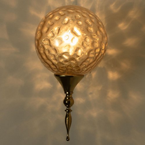 Gold Brass Sphere Blown Glass Wall Light in style of Angelo Brotto, Italy, 1960s