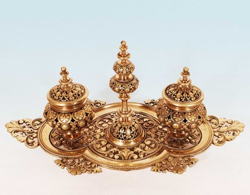 Gold Bronze Ottoman Style Inkwell with Tray-AWH-783598