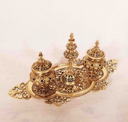 Gold Bronze Ottoman Style Inkwell with Tray-AWH-783598