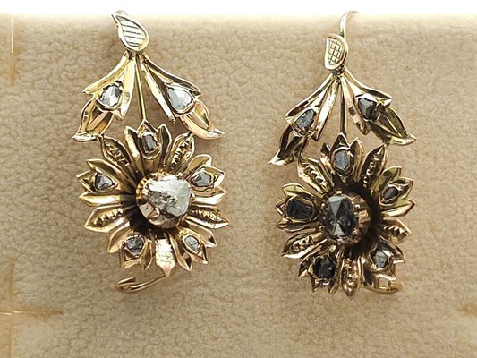 Gold Earrings in 18-Karat Rose Gold with Diamonds, 1870s, Set of 2-CYY-2031336