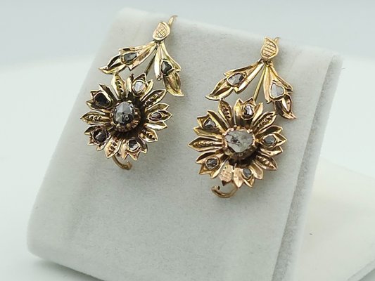 Gold Earrings in 18-Karat Rose Gold with Diamonds, 1870s, Set of 2-CYY-2031336