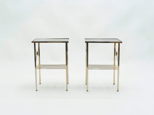 Gold Metal and Black Opaline Glass Side Tables, 1960s, Set of 2-YJA-703439