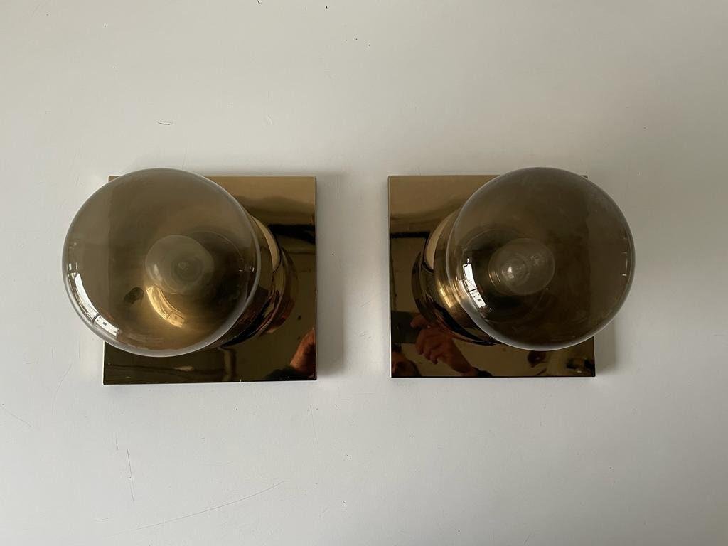 Gold Metal & Smoked Glass Wall or Ceiling Lamps by Motoko Ishii for Staff, Germany, 1960s, Set of 2