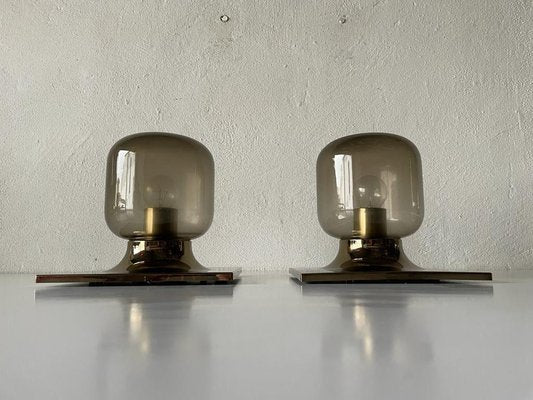 Gold Metal & Smoked Glass Wall or Ceiling Lamps by Motoko Ishii for Staff, Germany, 1960s, Set of 2-RDS-1147919