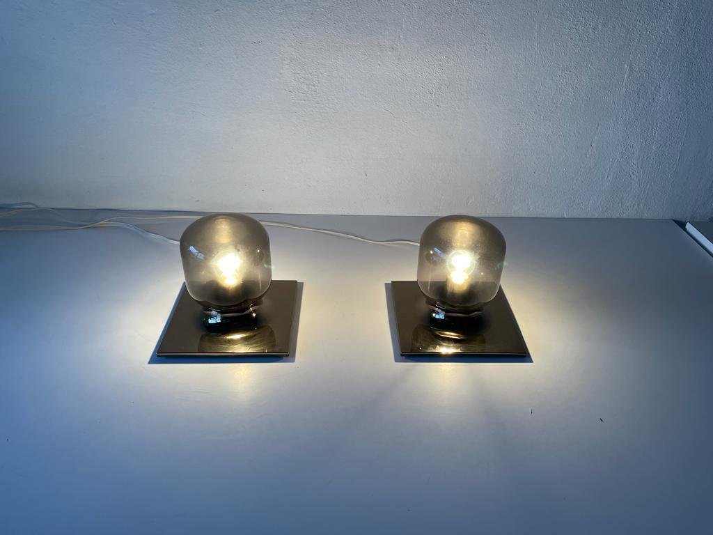 Gold Metal & Smoked Glass Wall or Ceiling Lamps by Motoko Ishii for Staff, Germany, 1960s, Set of 2