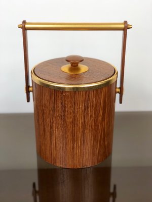 Gold Metal & Teak Ice Bucket Holder, Italy, 1960s-LYQ-1171772