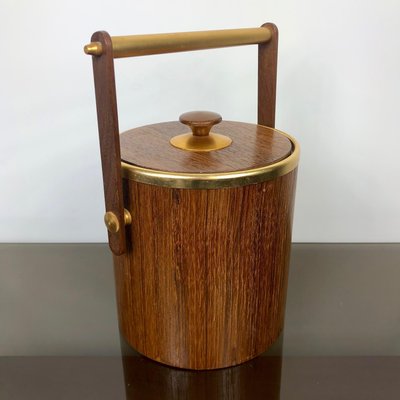 Gold Metal & Teak Ice Bucket Holder, Italy, 1960s-LYQ-1171772