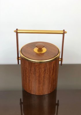 Gold Metal & Teak Ice Bucket Holder, Italy, 1960s-LYQ-1171772