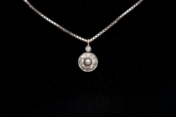 Gold Pendant with Pearl and Diamonds, Former Austria-Hungary, 1920s-BXB-1768403