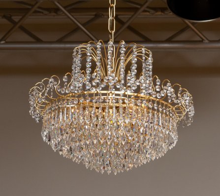 Gold-Plated and Faceted Crystal Chandelier from Rejmyre, Sweden, 1970s-JE-987176